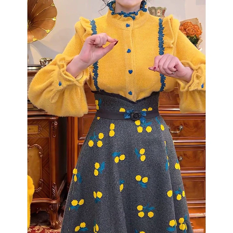 2024秋冬新款时尚名媛千金穿搭法式木耳边衬衫高腰半身裙两件套