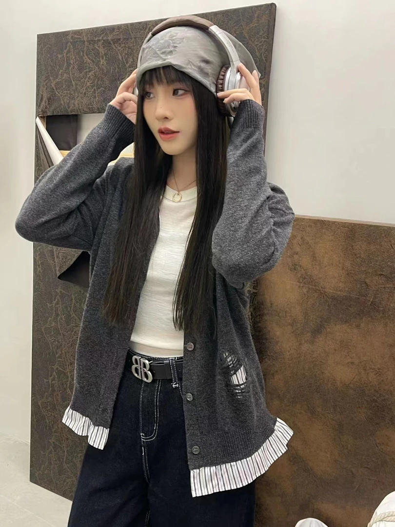 6152-1165 秋季新款时尚针织长袖V领开衫外套