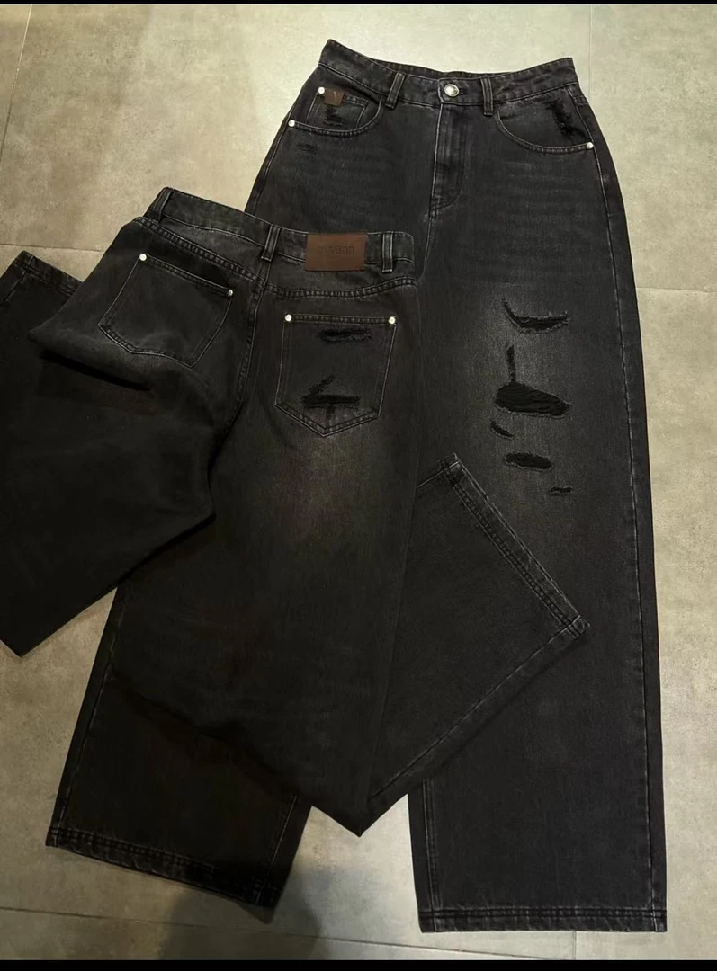 8301-190 黑色磨破破洞渐变复古牛仔裤