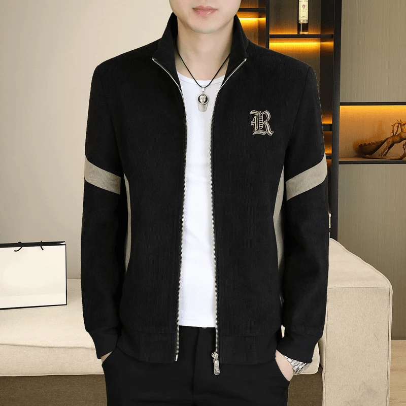 百搭秋季新款灯芯绒男士韩版立领拼色商务休闲时尚刺绣男外套夹克