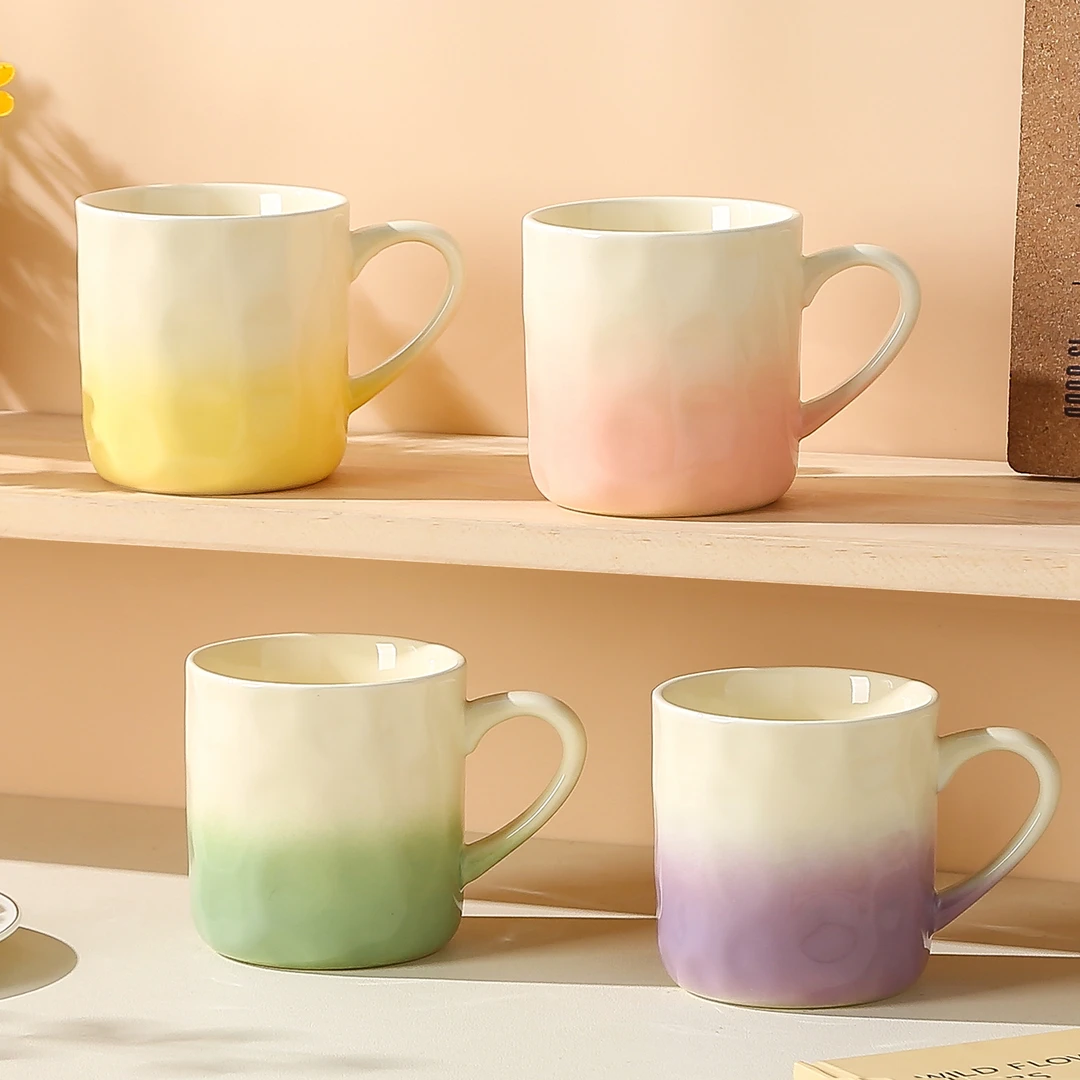 渐变手捏纹马克杯家用简约创意喝水杯情侣杯潮流可爱ins风喝茶杯