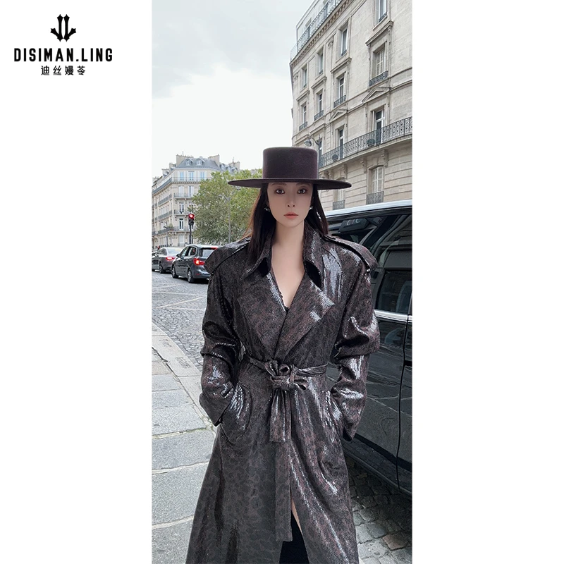 迪丝嫚苓轻奢豹纹亮片大衣气质时尚女士收腰秋冬原创优雅小众HZ