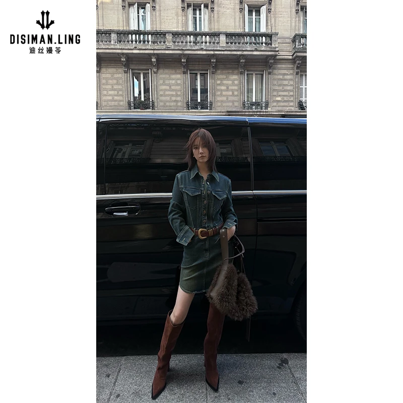 迪丝嫚苓牛仔连衣裙显瘦气质长袖时尚百搭收腰修身蓝色小众设计HZ