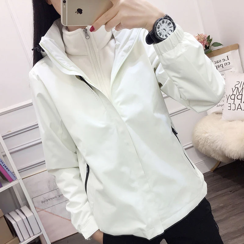 白色 三合一冲锋衣男女情侣款秋冬季加绒加厚防风外套团购工作服