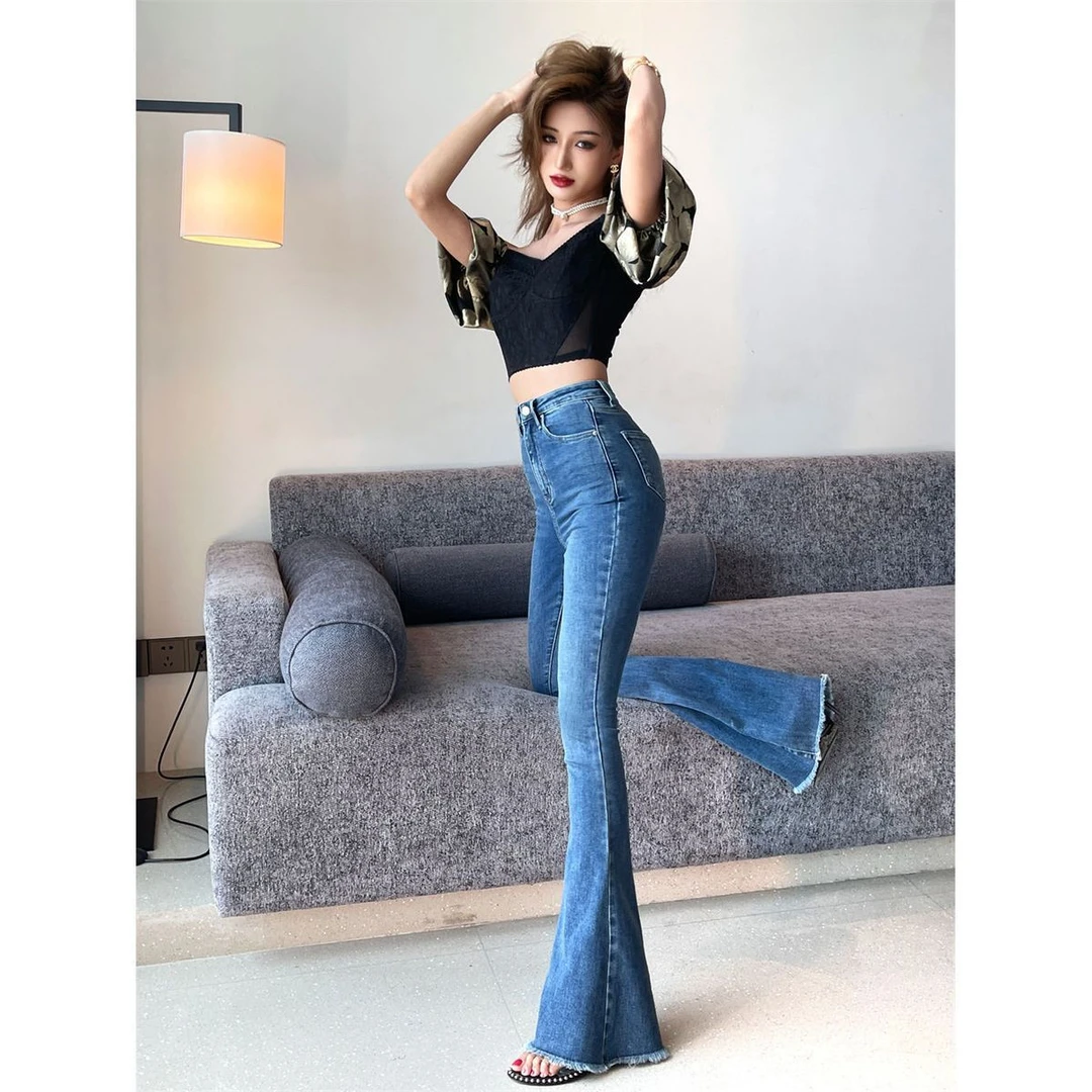高档弹力深蓝色高腰微喇叭裤牛仔裤微喇牛仔裤女加长版显高显腿长