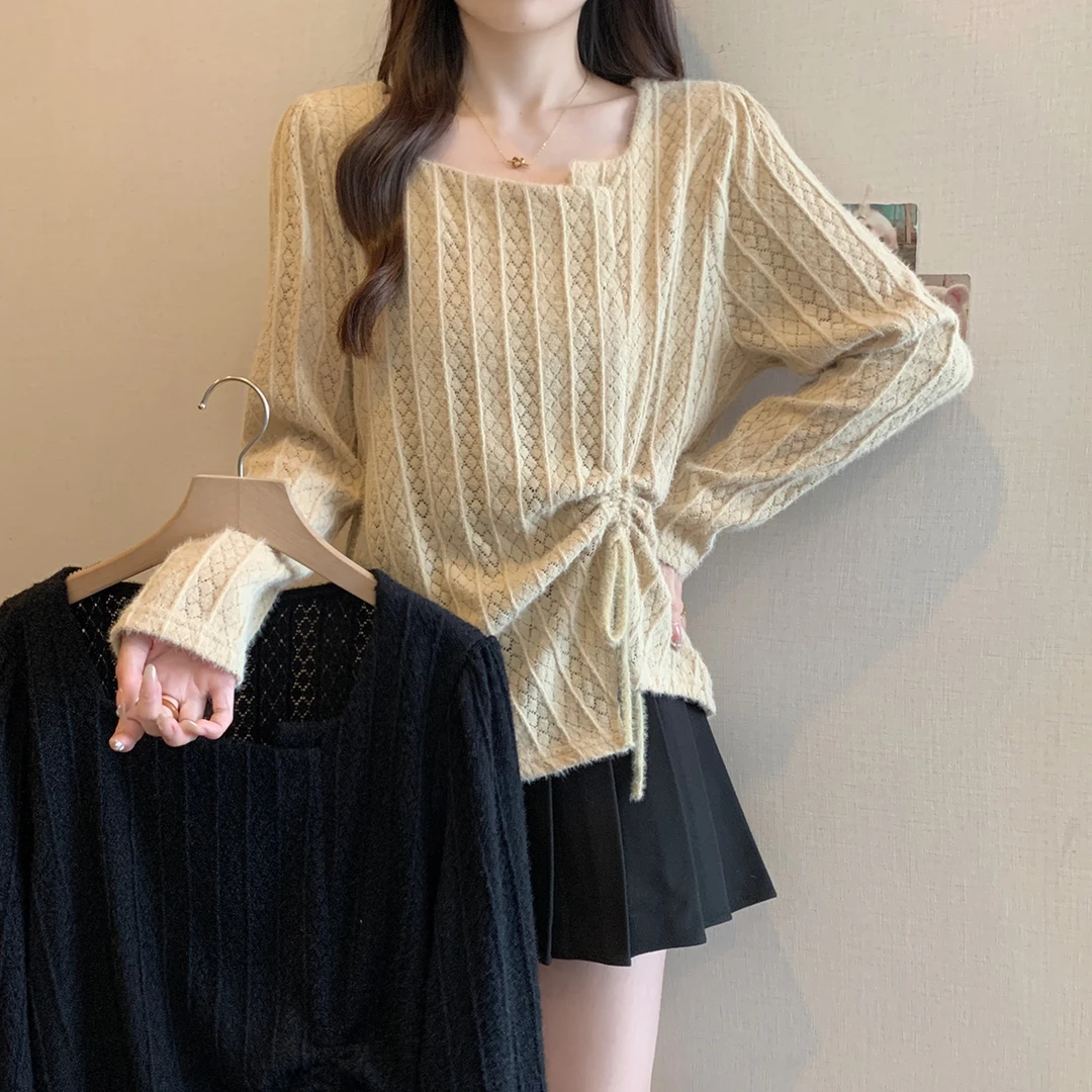 63761秋冬新款胖mm大码磨毛蕾丝不规则T恤设计感抽绳内搭上衣