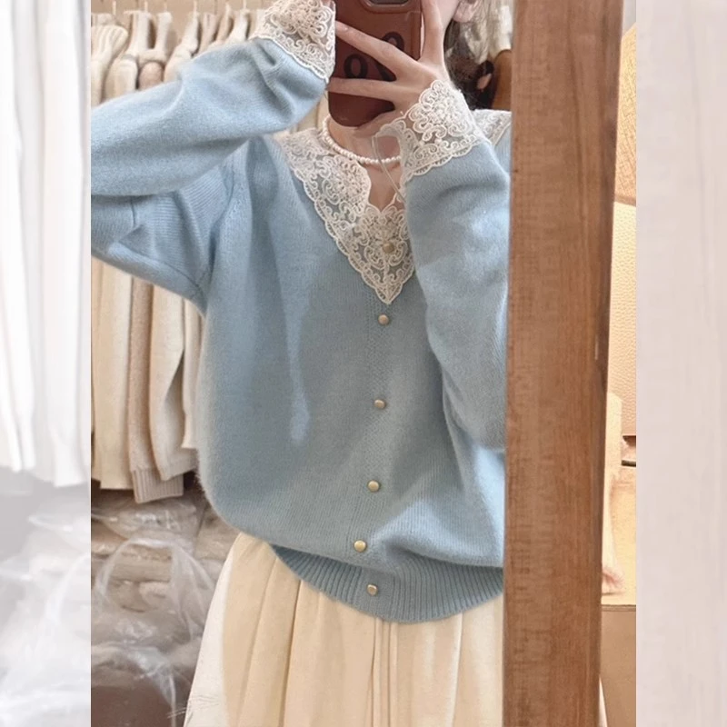 轻奢甜美风蕾丝拼接设计感长袖百搭针织衫秋季新款气质减龄上衣女