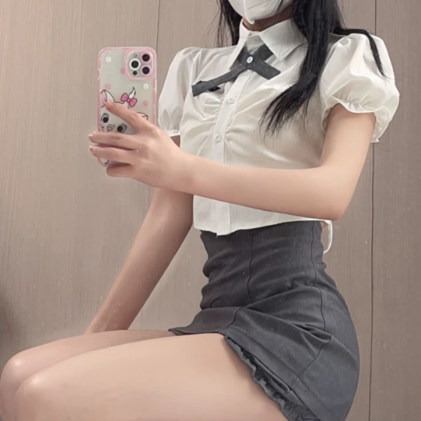 夏季纯欲风JK制服泡泡袖褶皱短款衬衫女+防走光高腰显瘦短裙包臀