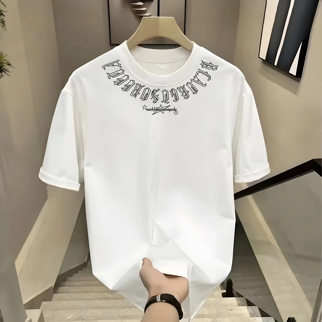 【品质男装】潮流黑色ins个性印花短袖t恤男士夏季宽松百搭上衣服