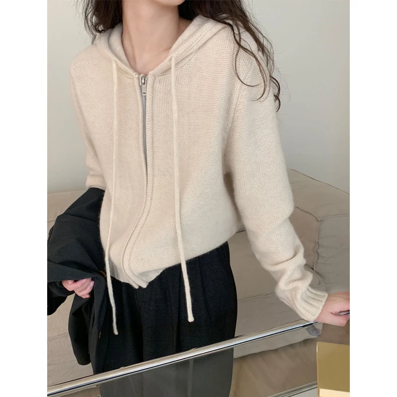 羊毛针织开衫女休闲百搭宽松上衣慵懒风连帽纯色外套带帽长袖毛衣