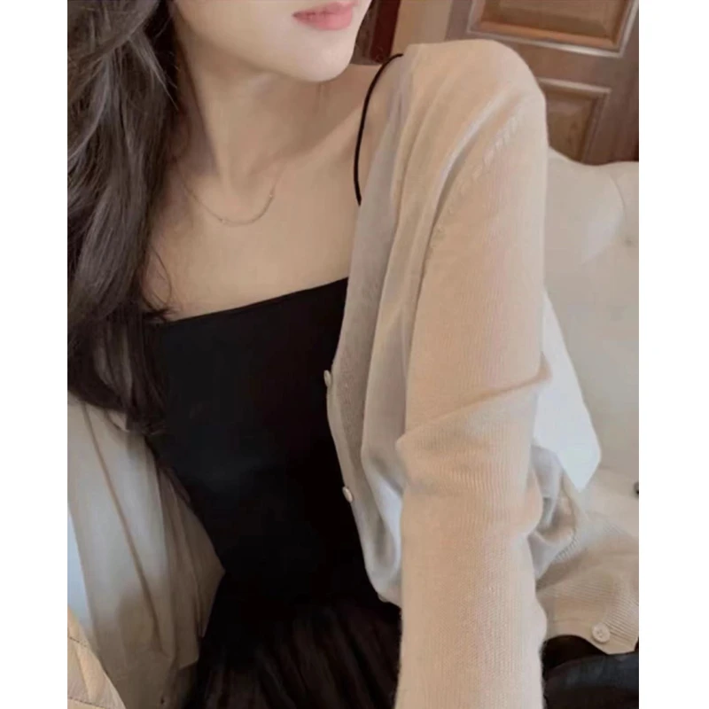 夏季针织开衫女显瘦气质百搭防晒衫短款薄款长袖针织衫宽松防晒衣