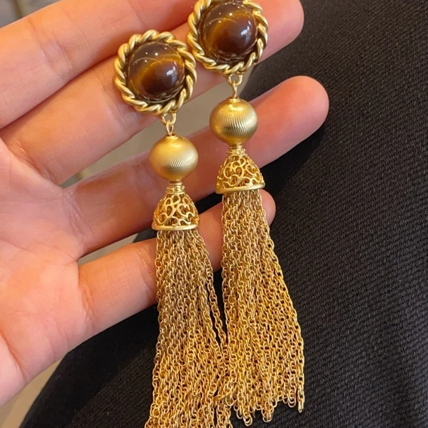 非金属耳饰 美拉德色长款流苏复古耳环夸张大脸瘦脸耳坠
