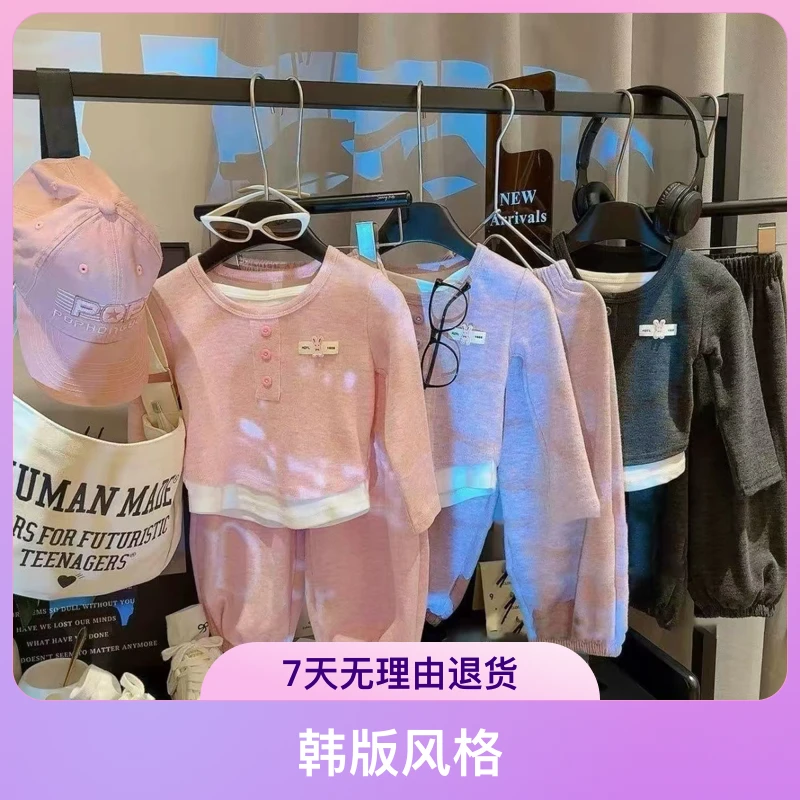 女童秋季新款糯米绒假两件套装时尚小女孩休闲上衣裤子儿童网红