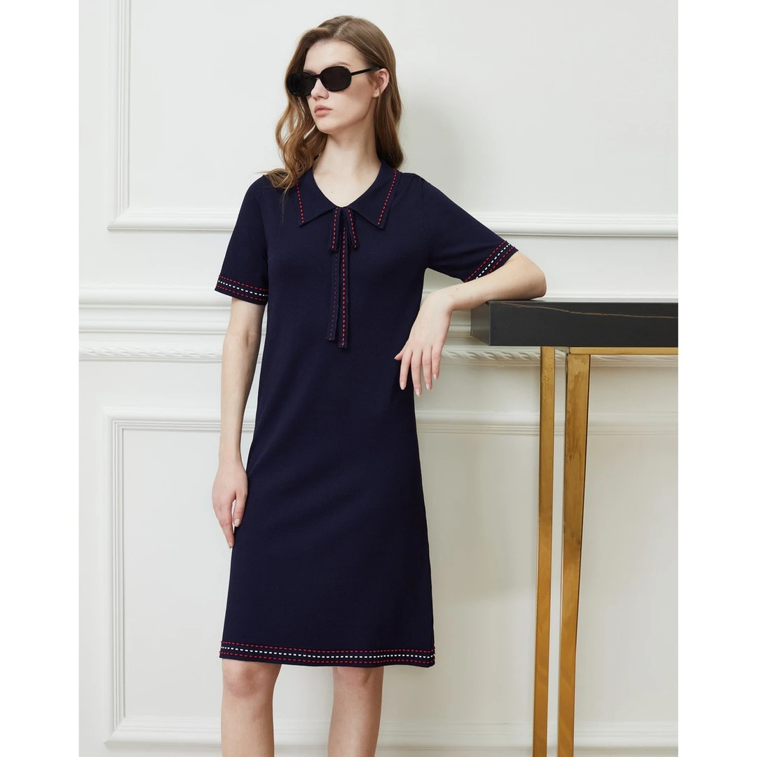 DKNY/唐可娜儿2024新品复古温柔蝴蝶结连衣裙气质时尚针织裙