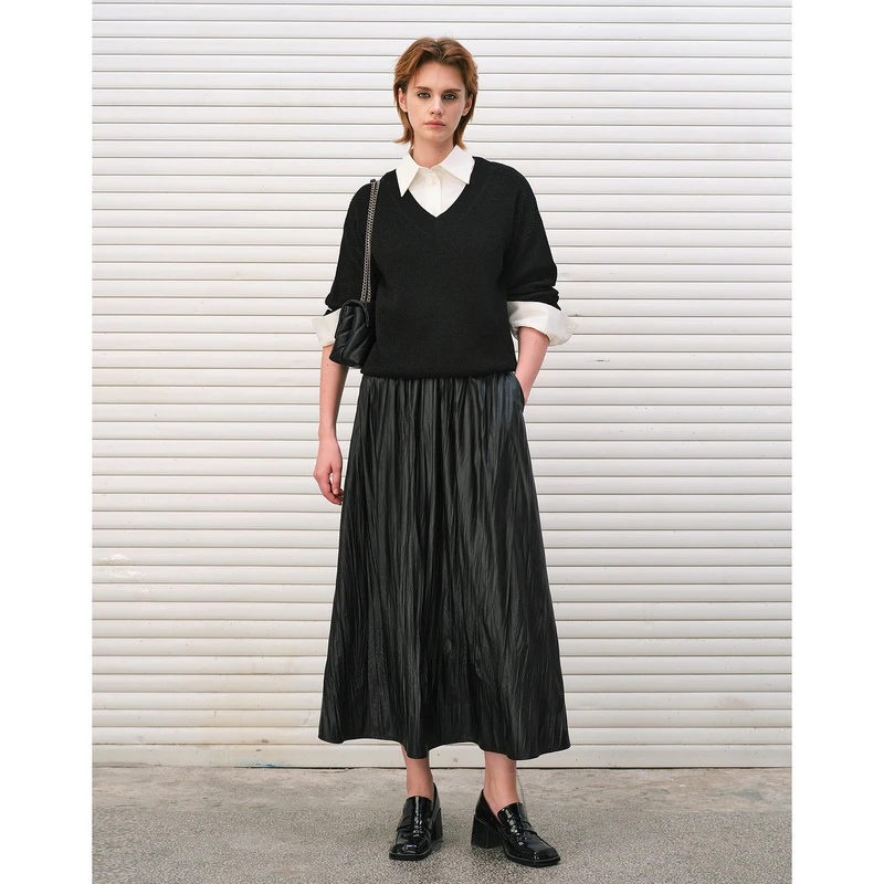 DKNY/唐可娜儿【星线好物】光泽压褶伞形橡筋腰半截裙W3413JJ015D