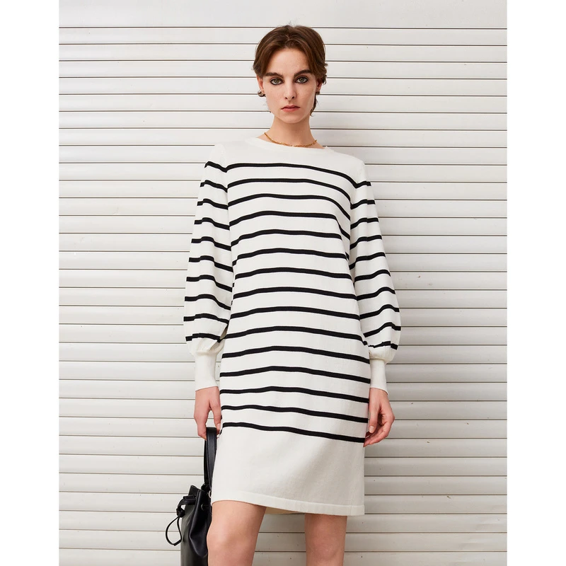 DKNY/唐可娜儿直身型灯笼袖条纹针织连衣裙