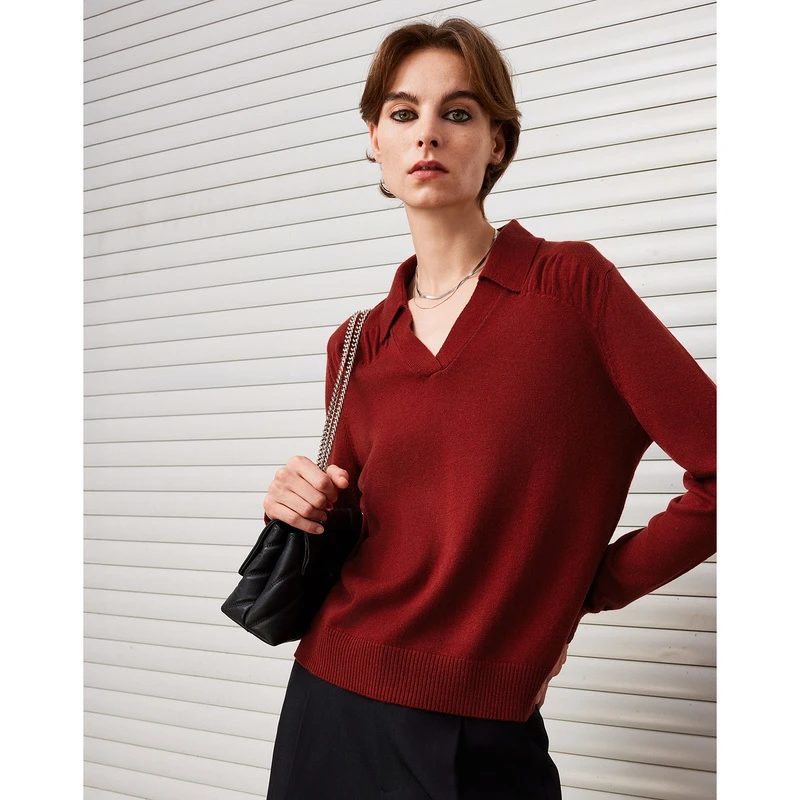 DKNY/唐可娜儿【跨年上衣】波尔多红毛衣V领女士针织衫新年本命年