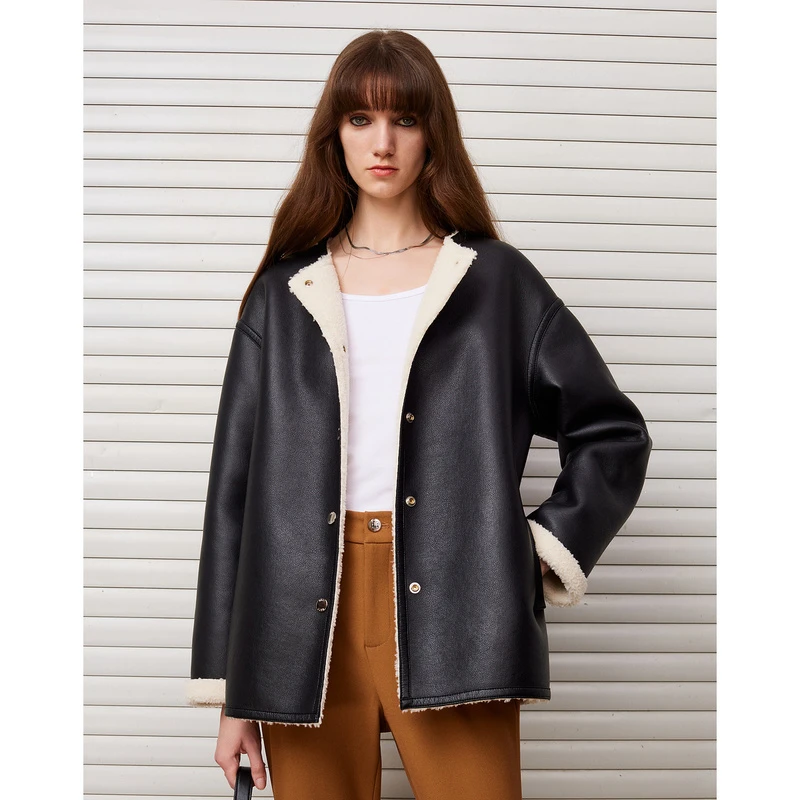 DKNY/唐可娜儿高级感圆领仿羊羔绒皮毛一体女士新年外套