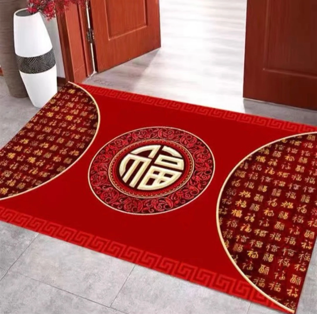 百福图70*100cm水晶绒材质红色喜庆 新年家用门厅地垫地毯 可剪裁