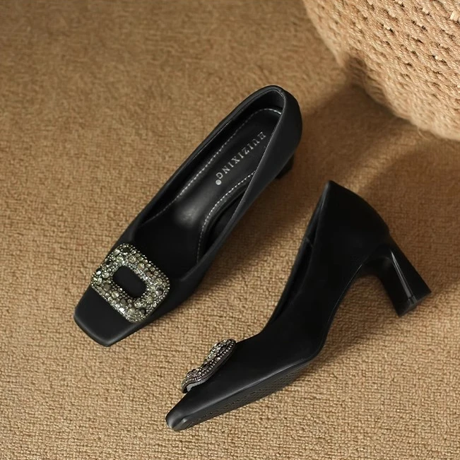 法式黑色高跟鞋粗跟2024新款方头气质单鞋女春秋不累脚职业工作鞋