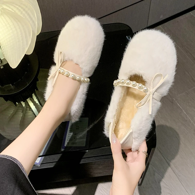 秋冬新款加绒韩版豆豆鞋女珍珠一脚蹬保暖防滑两穿平底懒人毛毛鞋