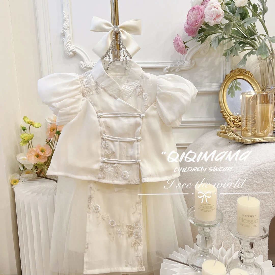 【QI奇妈】儿童泡泡袖中国风复古绣花短袖上衣百搭长裙套装 88301