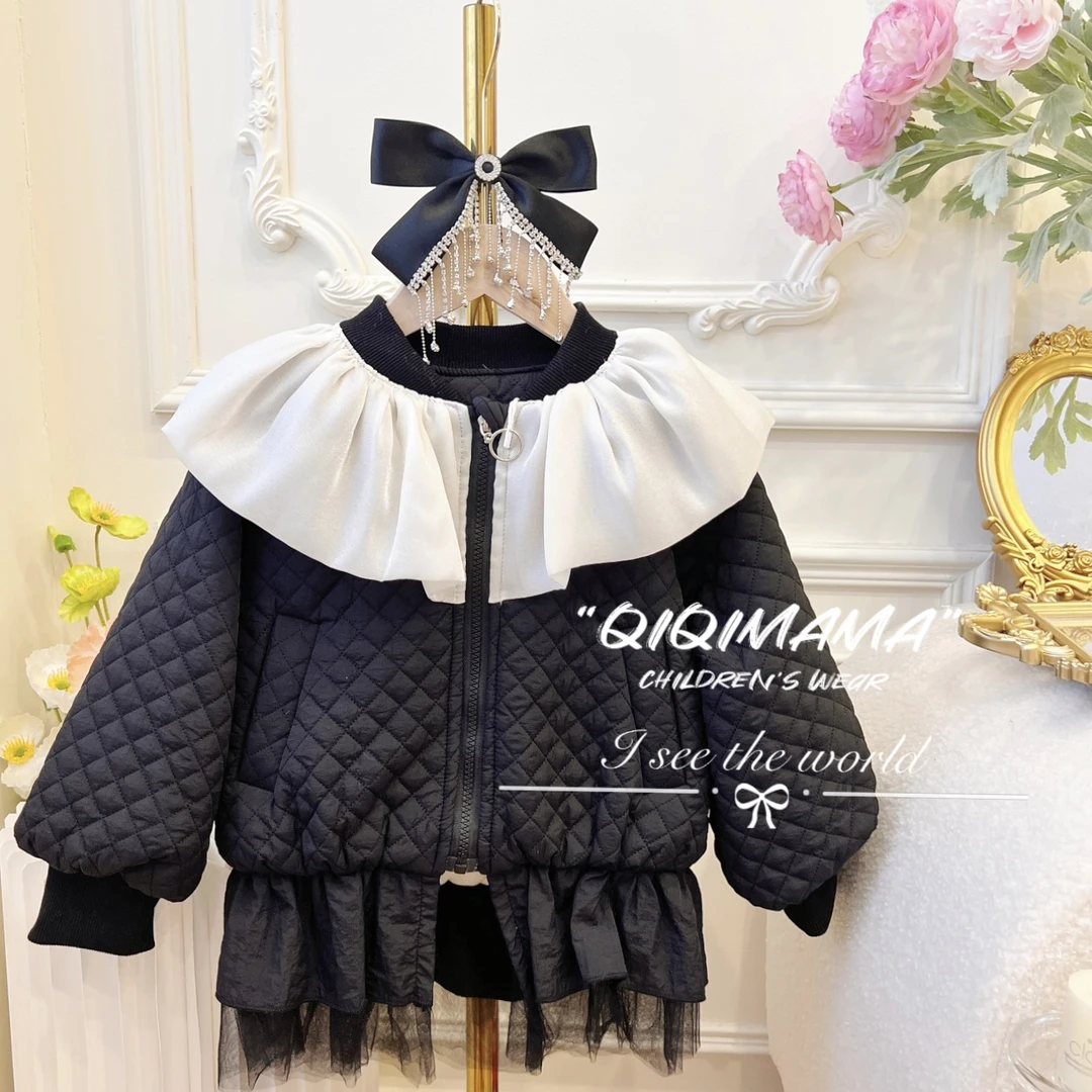 【Qi奇妈】女童秋季黑色花边大翻领蕾丝边拉链衫加绒加厚外套 Y8005