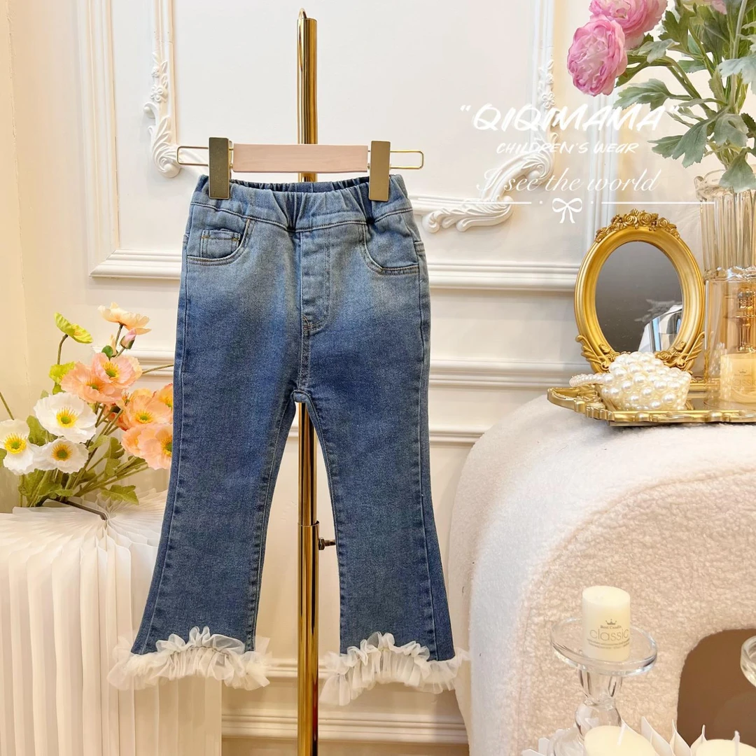 【Qi奇妈】女童秋季洋气时尚蕾丝休闲百搭网纱裤脚花边牛仔裤 TQ225