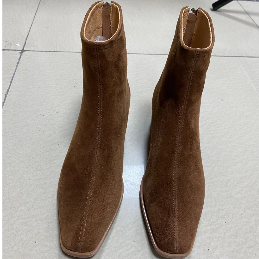 2025新款真皮瘦瘦靴中跟方头时尚百搭洋气爆款短靴靴子（2443）复古