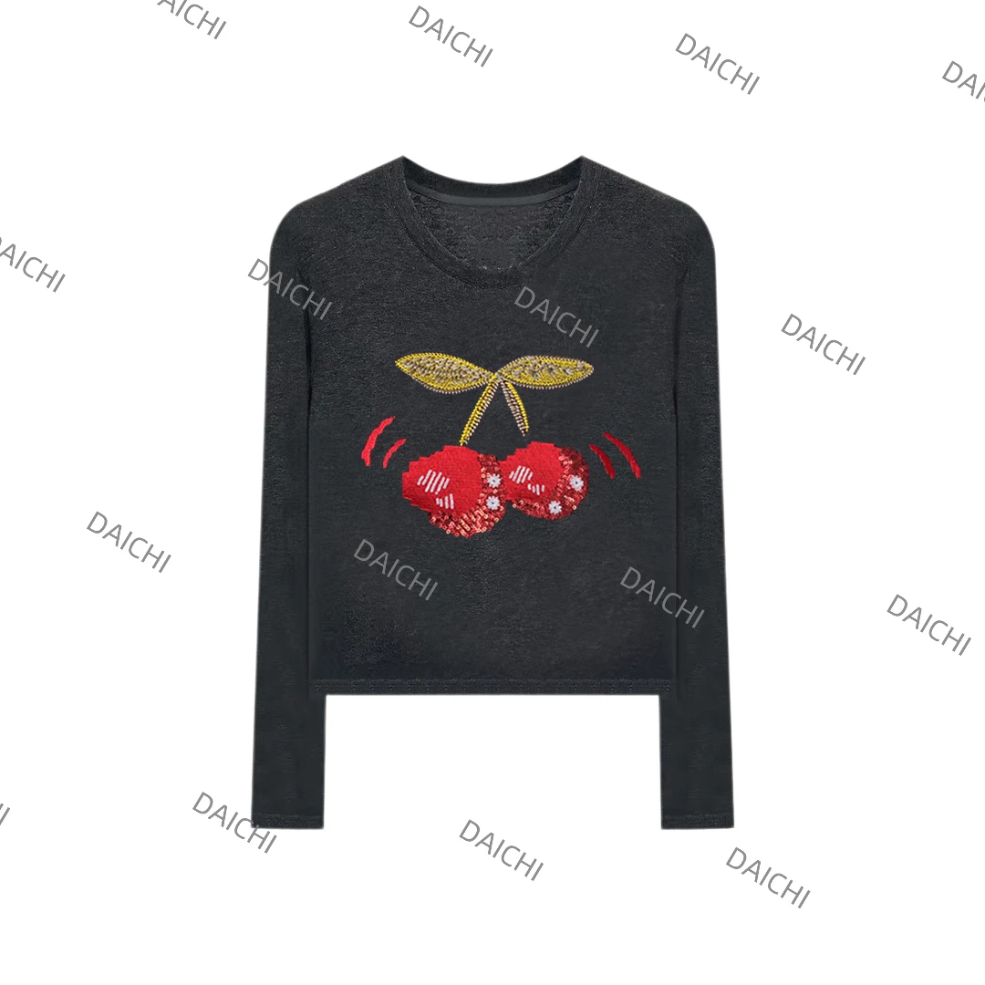 【樱桃】复古设计师新款珠片刺绣女T恤秋冬高级百搭打底衫