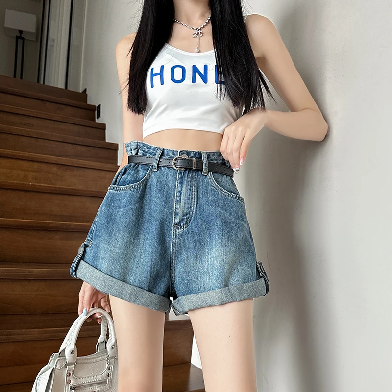 夏季蓝色牛仔短裤女2024新款百搭A字裤高腰时尚卷边松紧裤子宽松