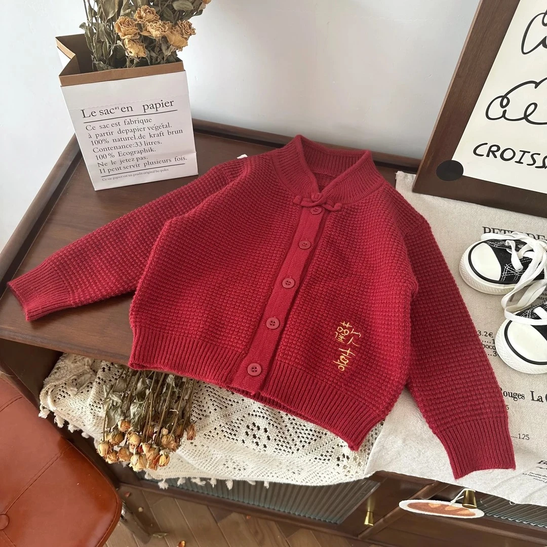 【现货】儿童毛衣年服秋冬新款宝宝红色圣诞开衫针织衫QW245795