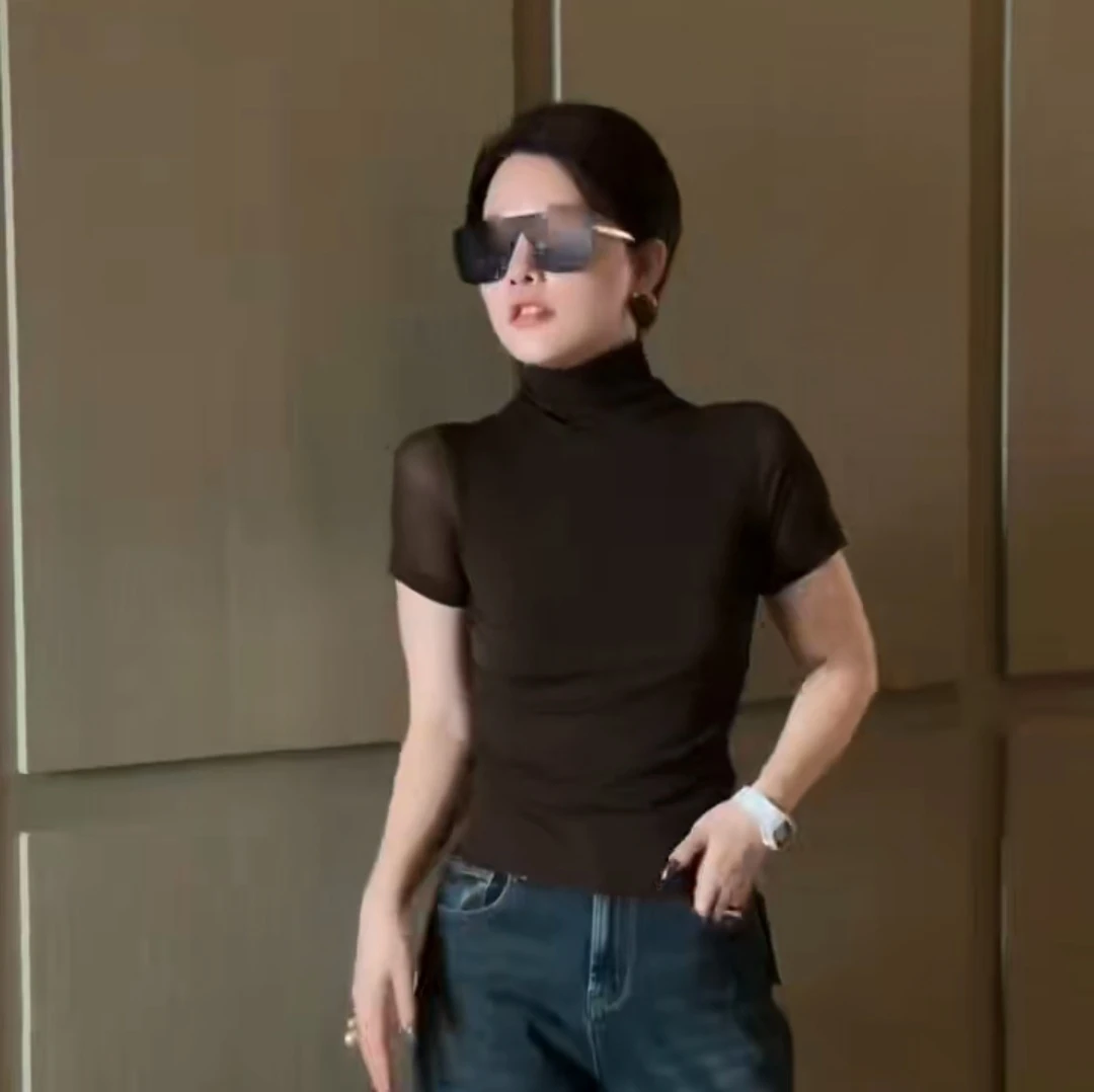 时尚新款女装半高领舒适纯色百搭网纱春夏显瘦上衣