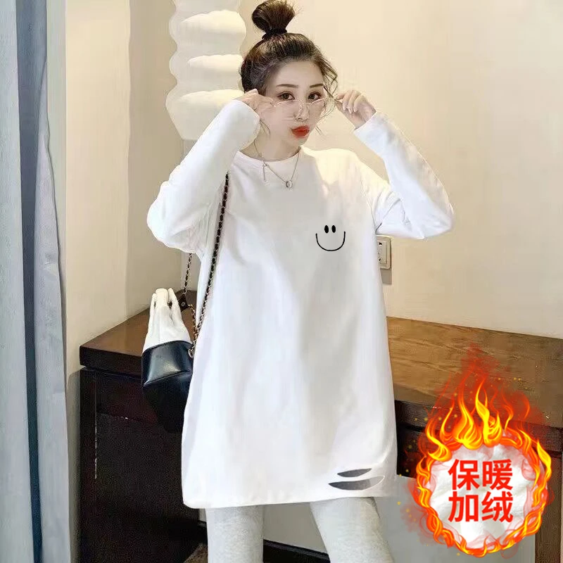 白色加绒打底衫女中长款秋冬季遮臀t恤内搭卫衣高领内搭打底衫