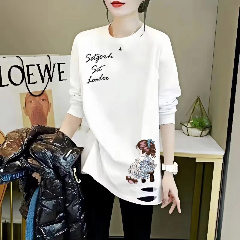 白色加绒加厚打底衫女卫衣内搭2024新款爆款纯棉中长款长袖t恤女