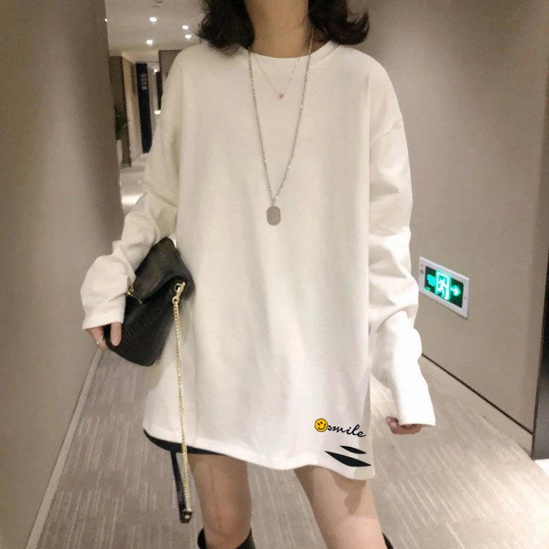 薄款白色长袖t恤女2025年新款中长款纯棉打底衫秋冬加绒内搭上衣