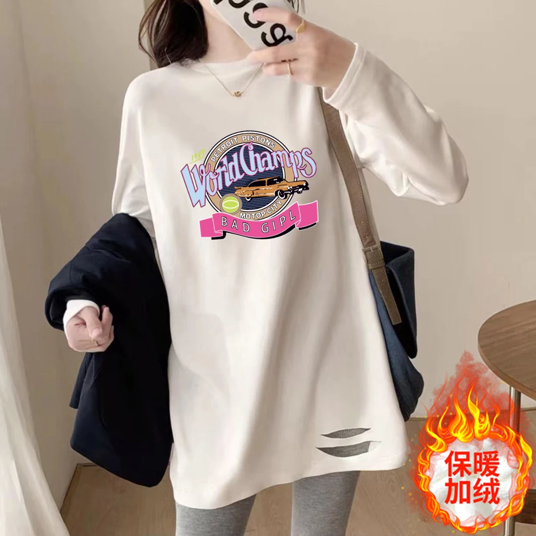 白色加绒打底衫女内搭秋冬中长款纯棉长袖t恤女宽松百搭春秋上衣