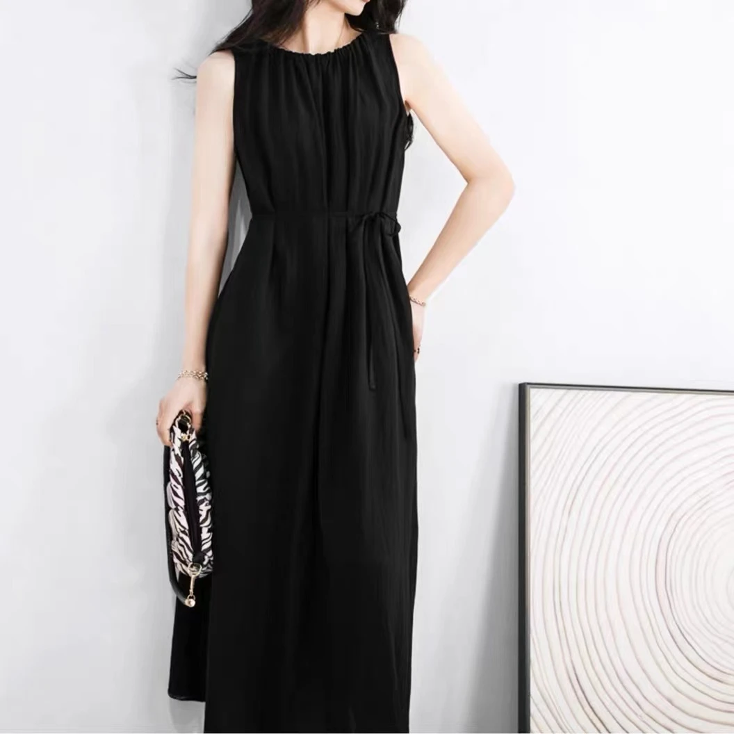 法式宽松连衣裙显瘦休闲气质气质黑色夏季修身长款女装连衣裙