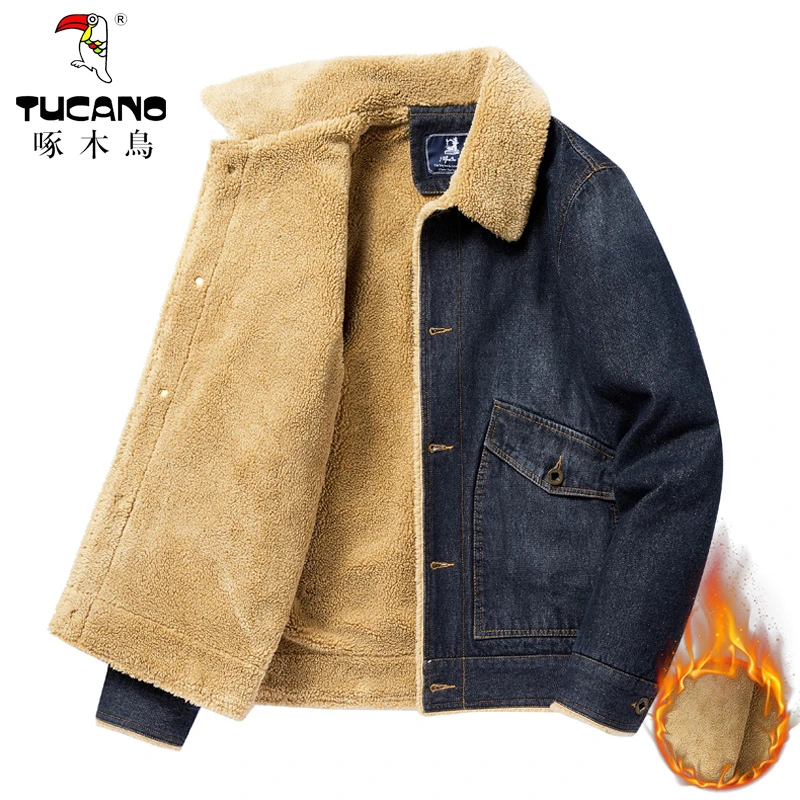 TUCANO/啄木鳥冬季牛仔外套男加绒加厚毛领棉衣宽松休闲工装夹克