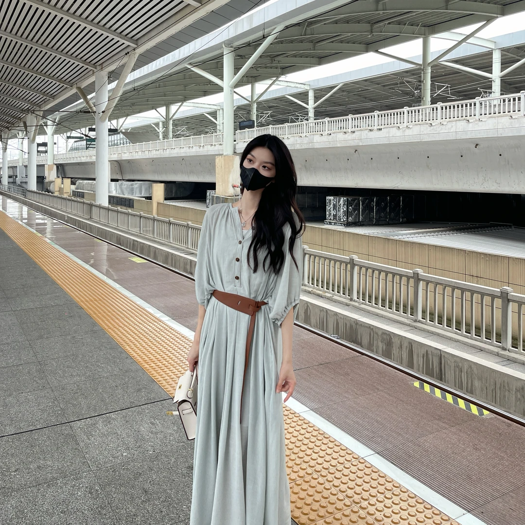 【24Q070】Liixu度假风半袖连衣裙女夏季宽松显瘦裙子a字长裙三件套