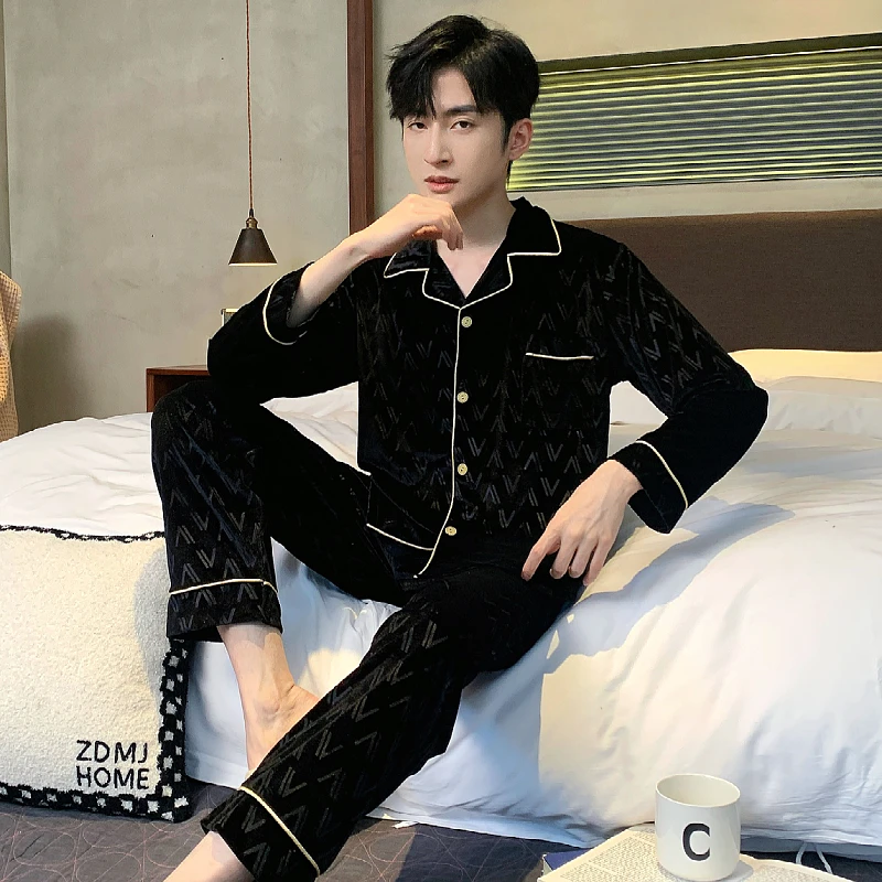 2025新款金钻绒秋冬睡衣男士大码简约高级感可外穿冬款家居服套装