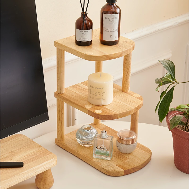 进口橡胶木材实木三层置物架家用收纳架桌面多层板整理架拆装发货