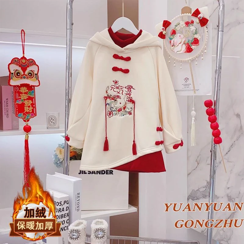 女童新年连衣裙儿童加绒中国风拜年服中大童女孩假两件过年裙子