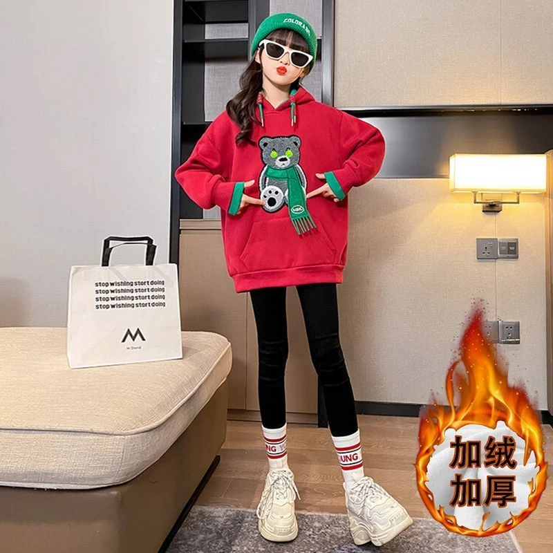 女童冬装卡通加绒卫衣2024新款中大童洋气连帽上衣儿童加厚打底衫