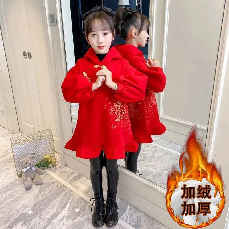 女童冬装连衣裙2023新款洋气女孩红色公主裙儿童加绒裙子拜年衣服