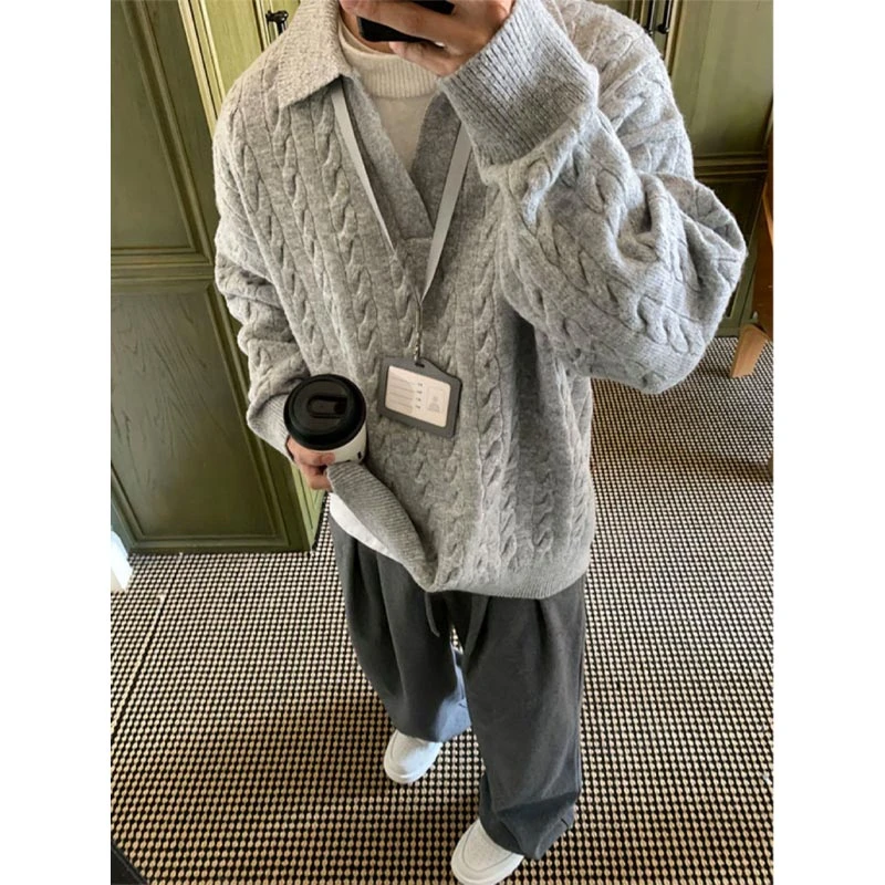 假两件V领费尔岛毛衣男款冬季美式复古打底衫灰色麻花针织衫上衣