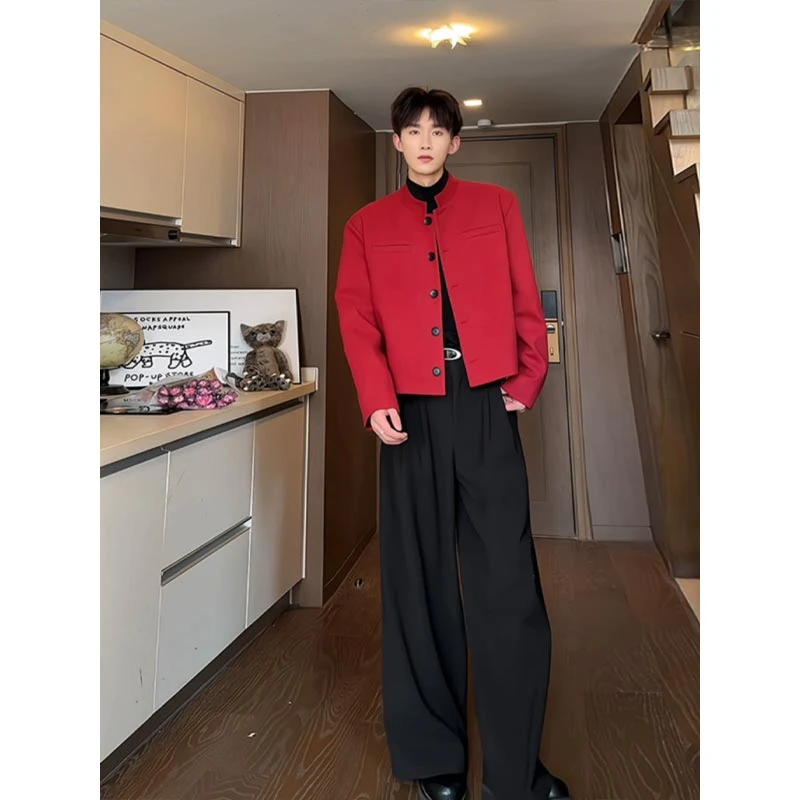 新中式休闲西服酒红短款西装外套2024秋冬老钱风穿搭夹克