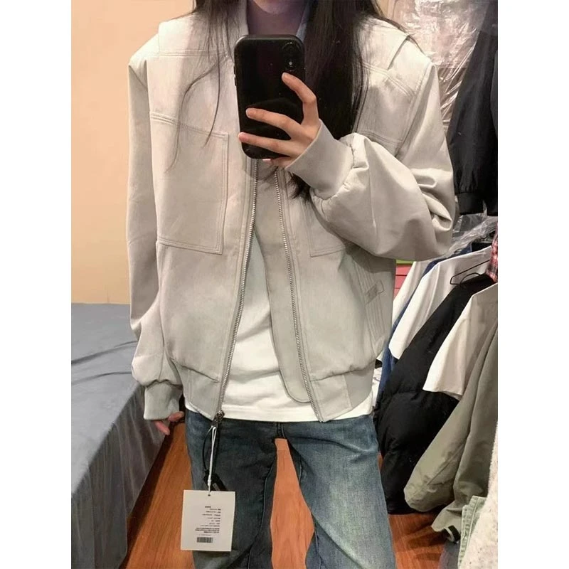 cleanfit灰色短款夹克底特律美式复古棒球服外套男春秋季工装上衣