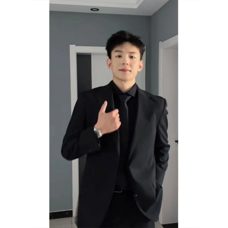 潮牌男装黑色百搭西装外套男士春秋款高级感痞帅穿搭休闲西服夹克