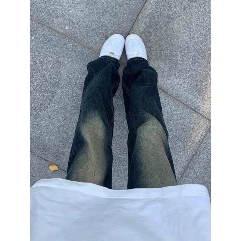 藏青色渐变牛仔裤男夏季显瘦修身美式vibe高街弯刀裤子直筒微喇裤